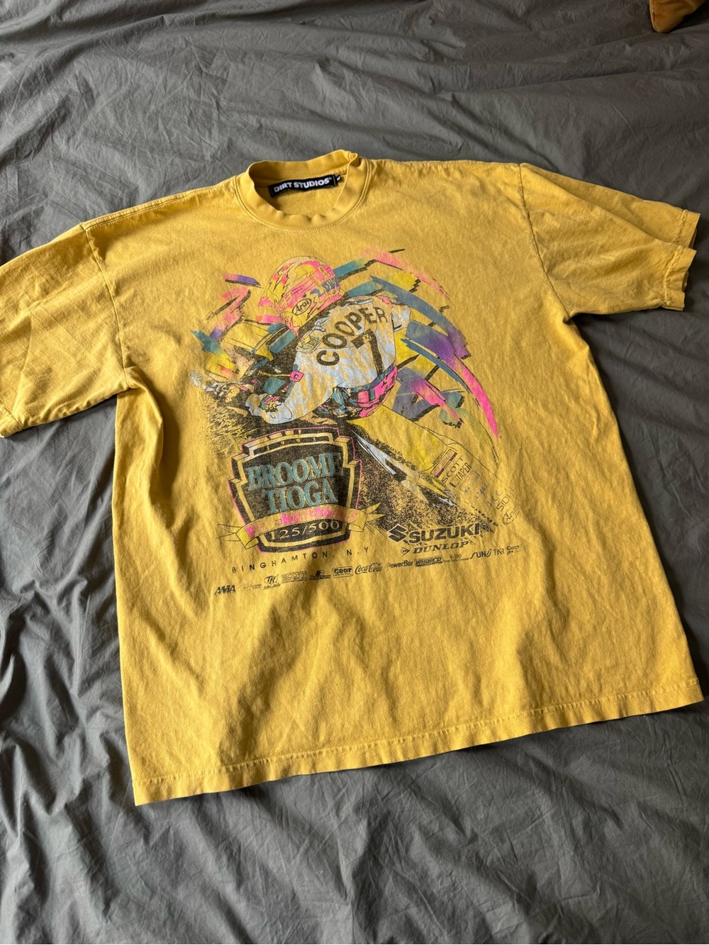 Coca Cola Yellow Short Sleeve Graphic Tee with Multicolor Motocross Print